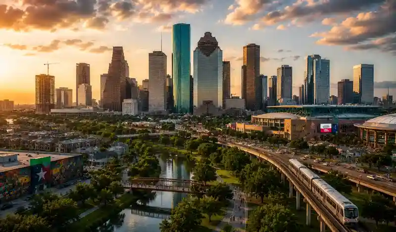 Houston skyline showcasing innovation, transportation, green spaces, and economic growth in one of America's leading cities.
